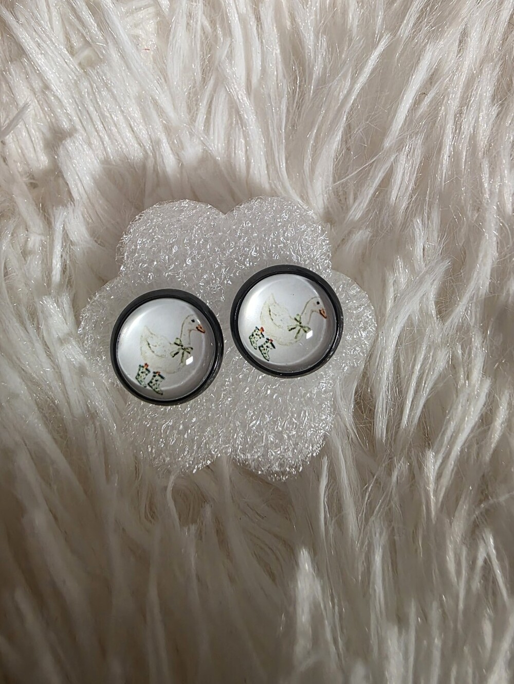 White Goose with Round Glass Dome Earrings-Merch